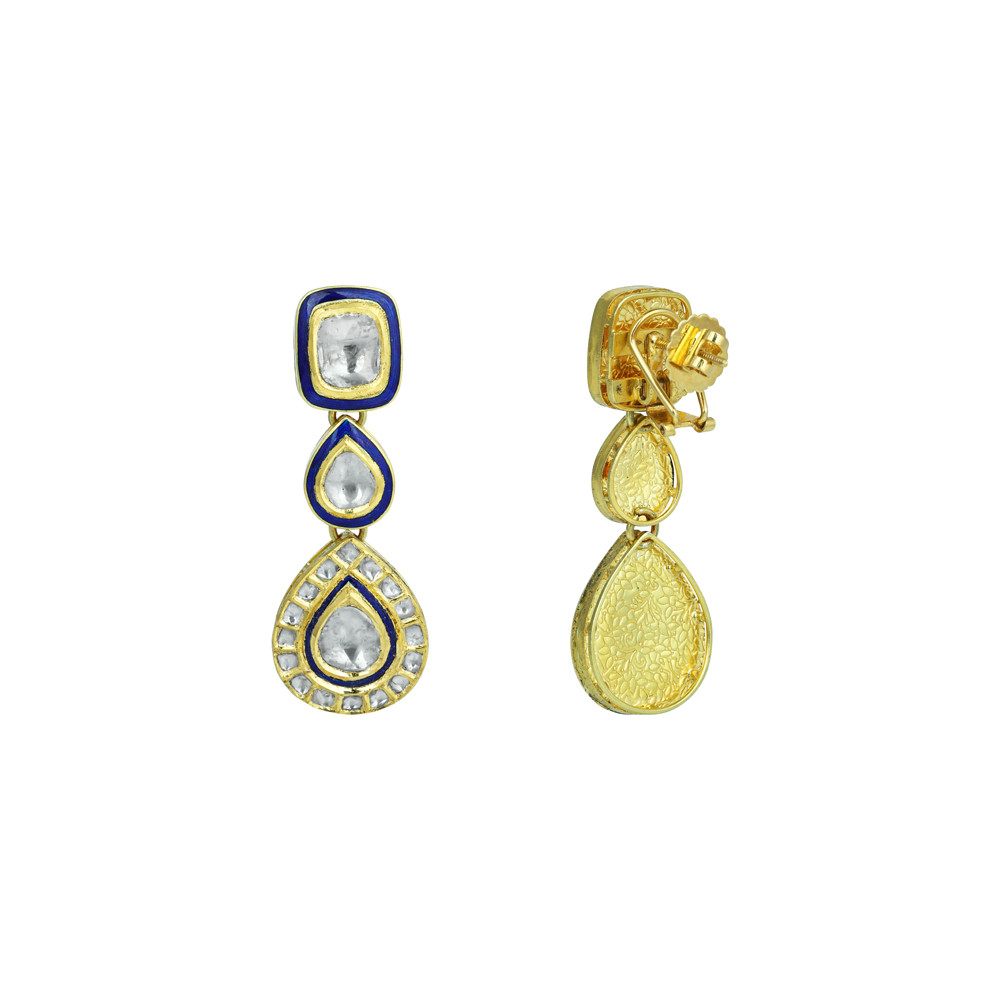 Tiered Teardrop Polki Earrings with Blue Enamel